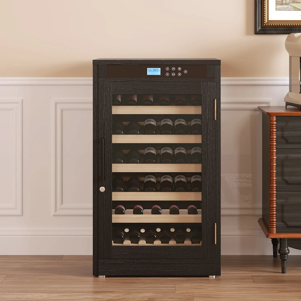 Black Wood Tempered Glass Wine Cooler With Touch Display - Omega Lifestyles