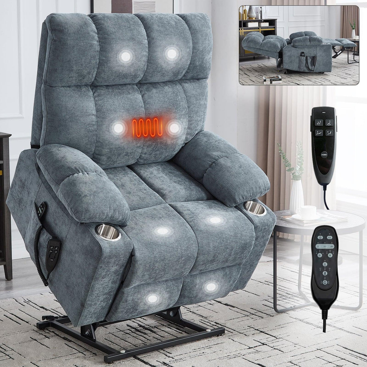 Medium-Firm Chenille Power Lift Recliner Chair With Massage - Omega Lifestyles