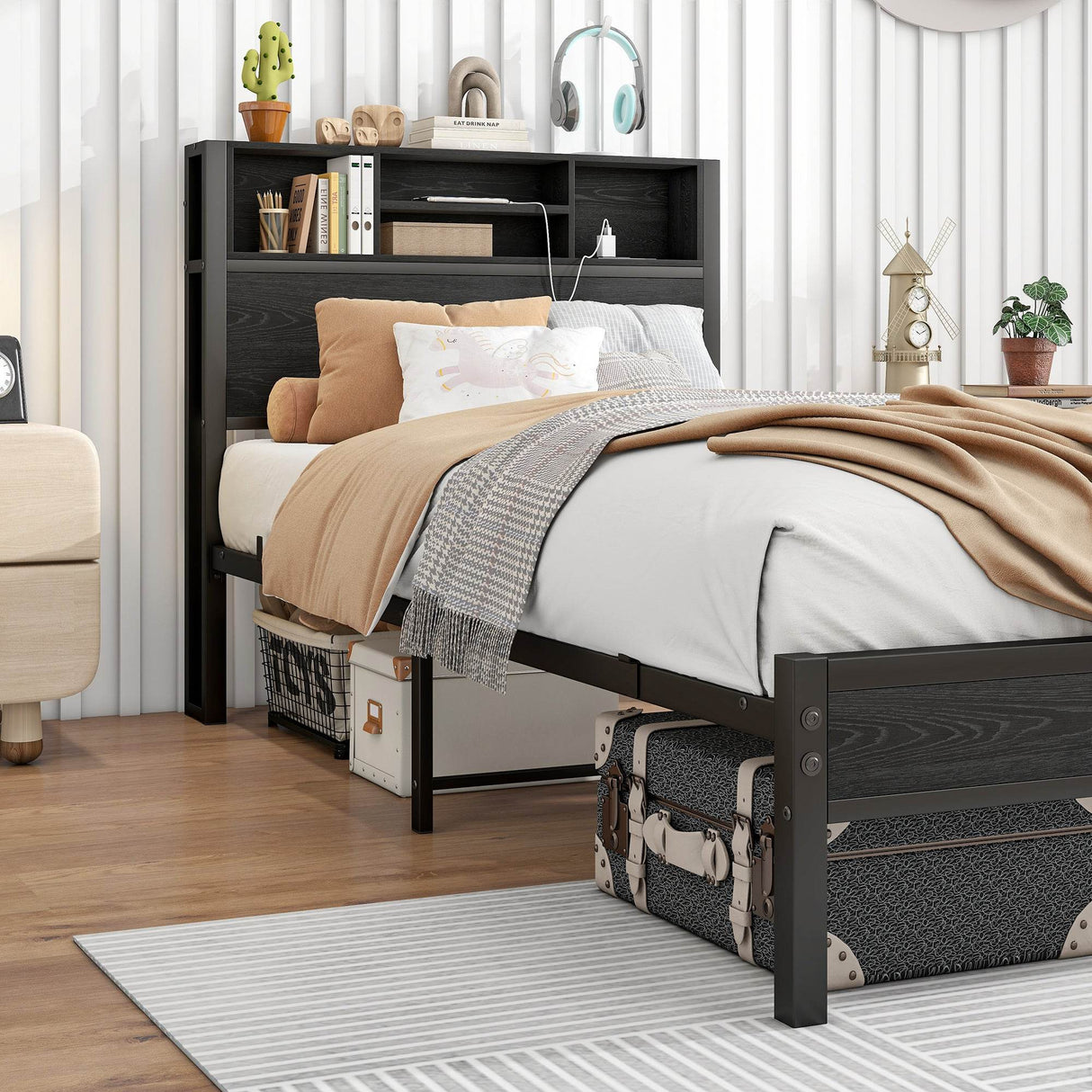 Twin Metal Platform Bed Frame With Storage Headboard Charging Station - Omega Lifestyles