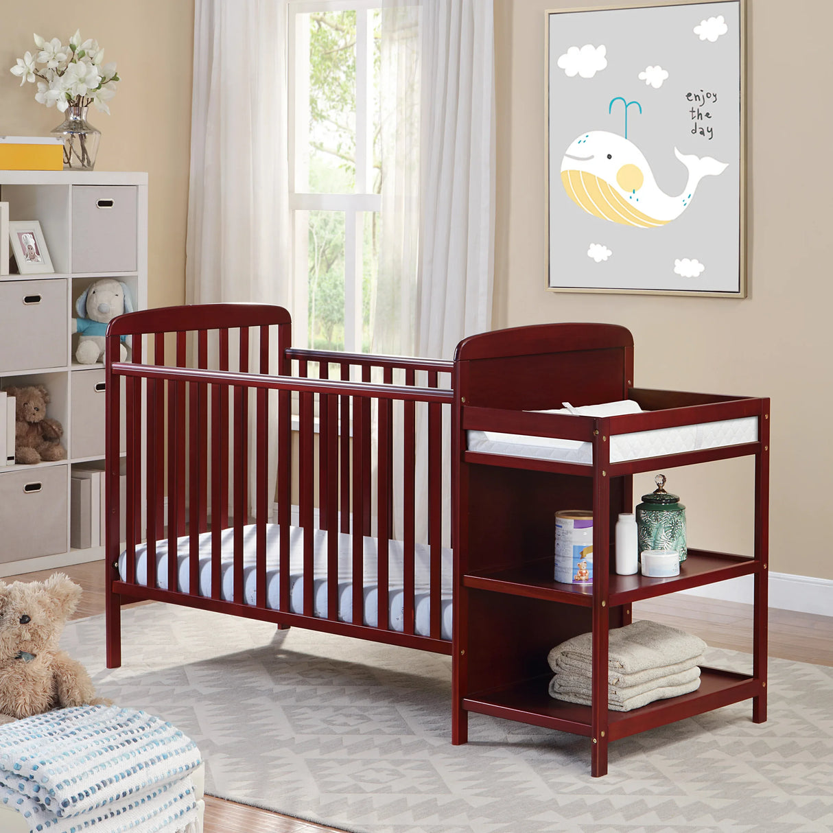Solid Wood Cherry Crib With Attached Changing Table - Omega Lifestyles