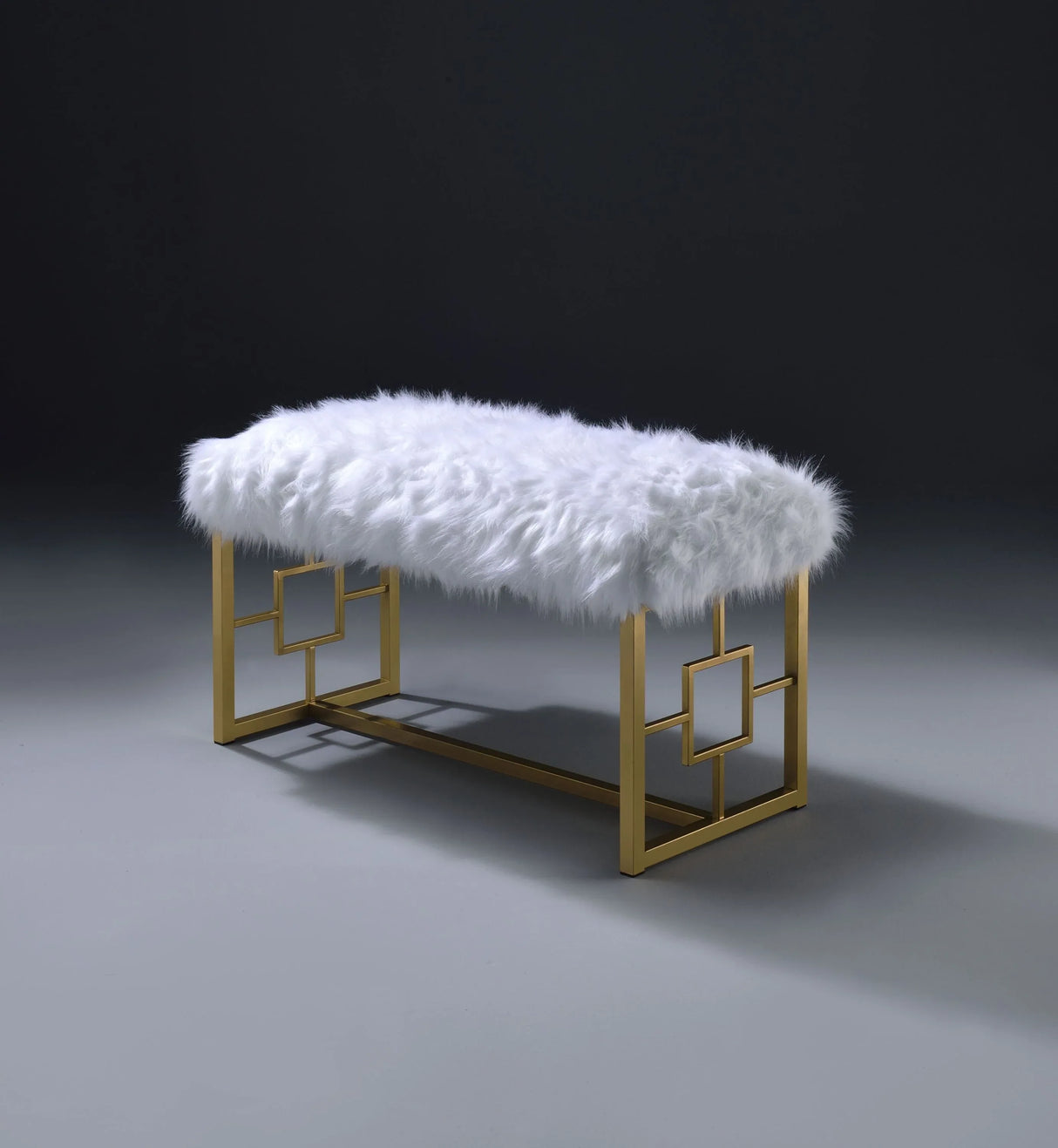 White Faux Fur Upholstered Metal Armless Lounge Bench - Omega Lifestyles
