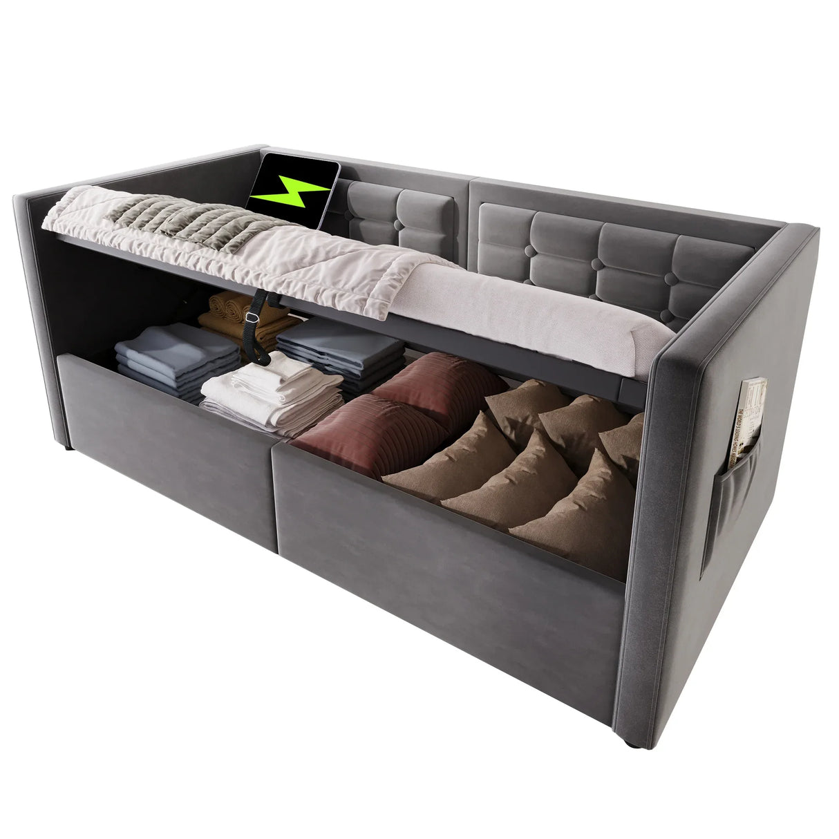 Twin Gray Velvet Upholstered Hydraulic Storage Daybed With USB Charging - Omega Lifestyles