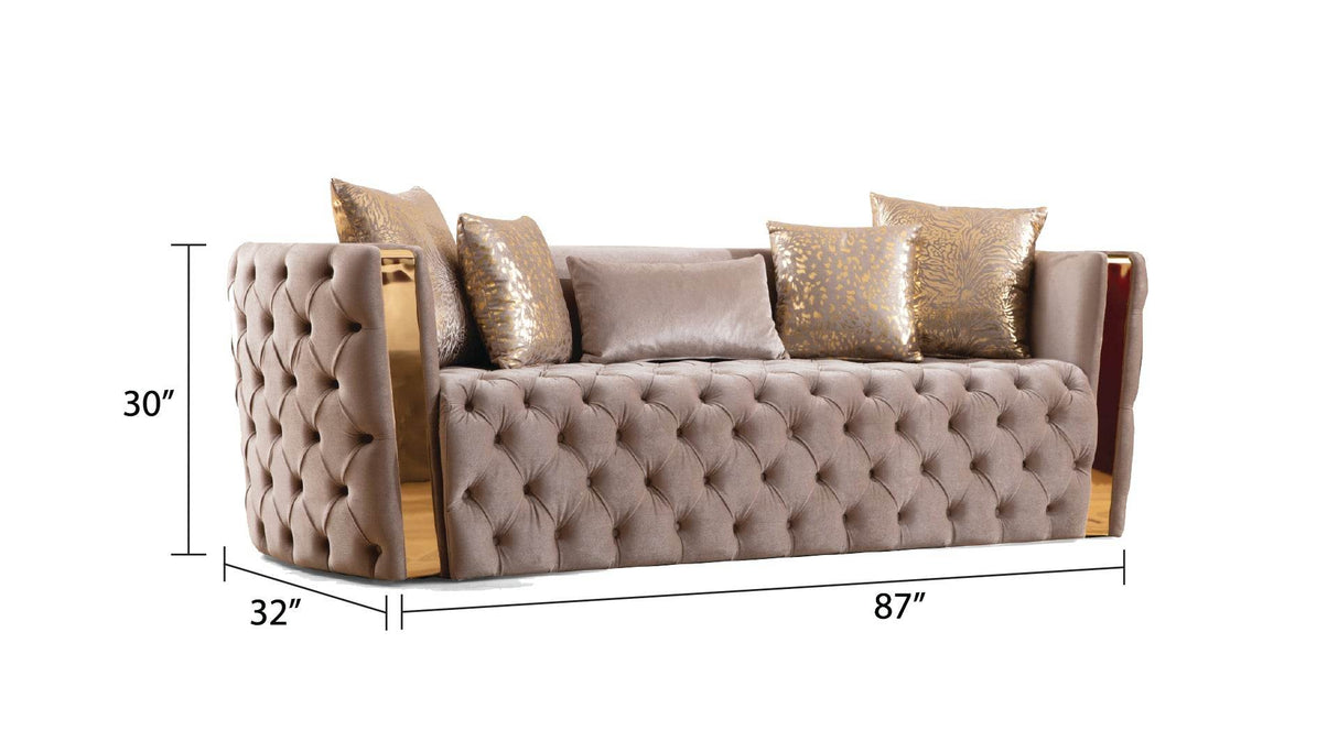 Naomi Velvet Button Tufted Firm Sofa With Gold Accents - Omega Lifestyles