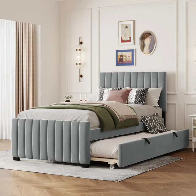 Twin Velvet Upholstered Platform Bed With Trundle - Omega Lifestyles