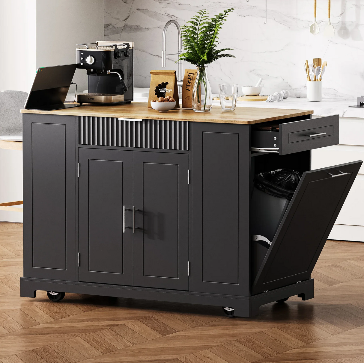 Fluted Rubber Wood Kitchen Island With Trash Can Cabinet - Omega Lifestyles
