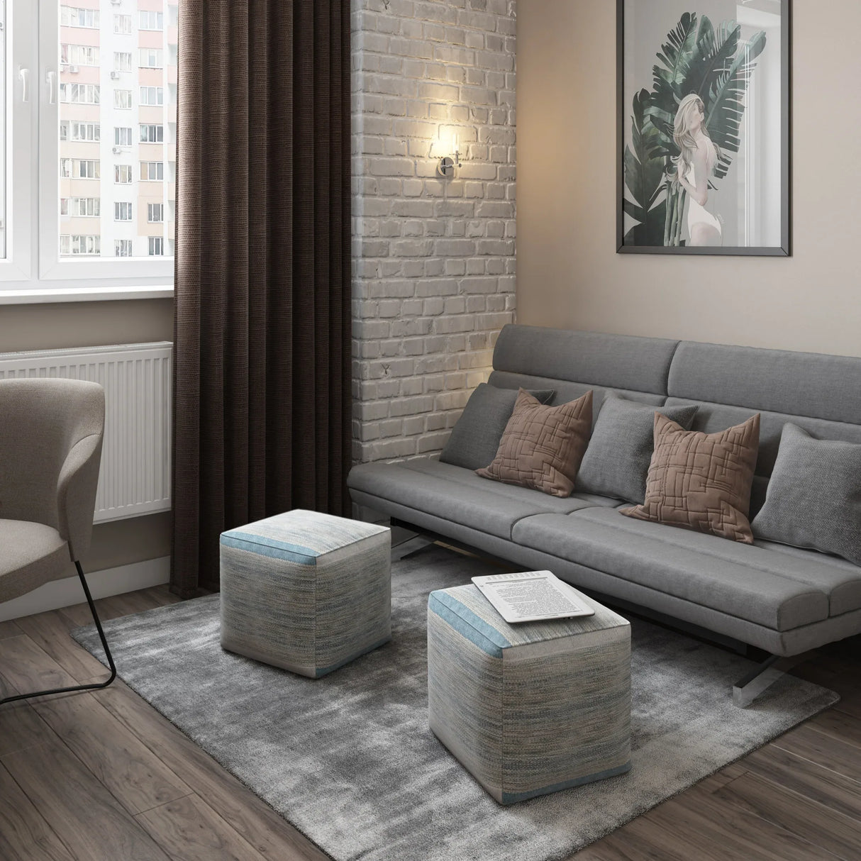 Blue Melange Upholstered Fabric Cube Pouf Ottoman - Omega Lifestyles