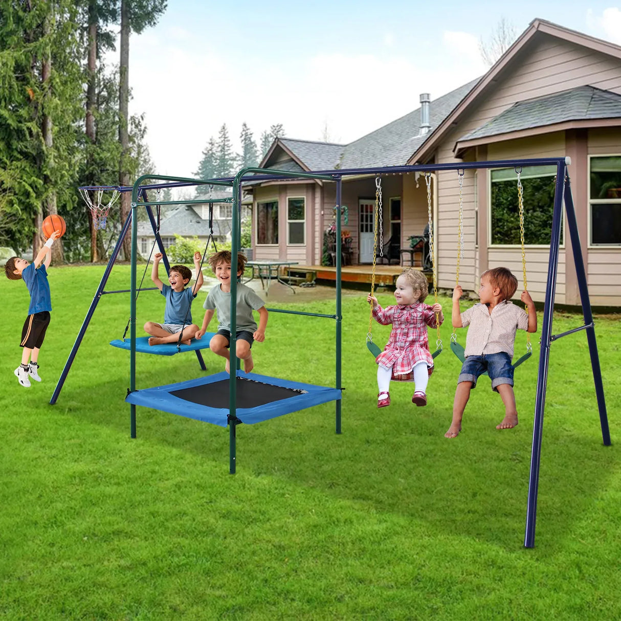 4-in-1 Backyard Steel Swing Set With Trampoline - Omega Lifestyles