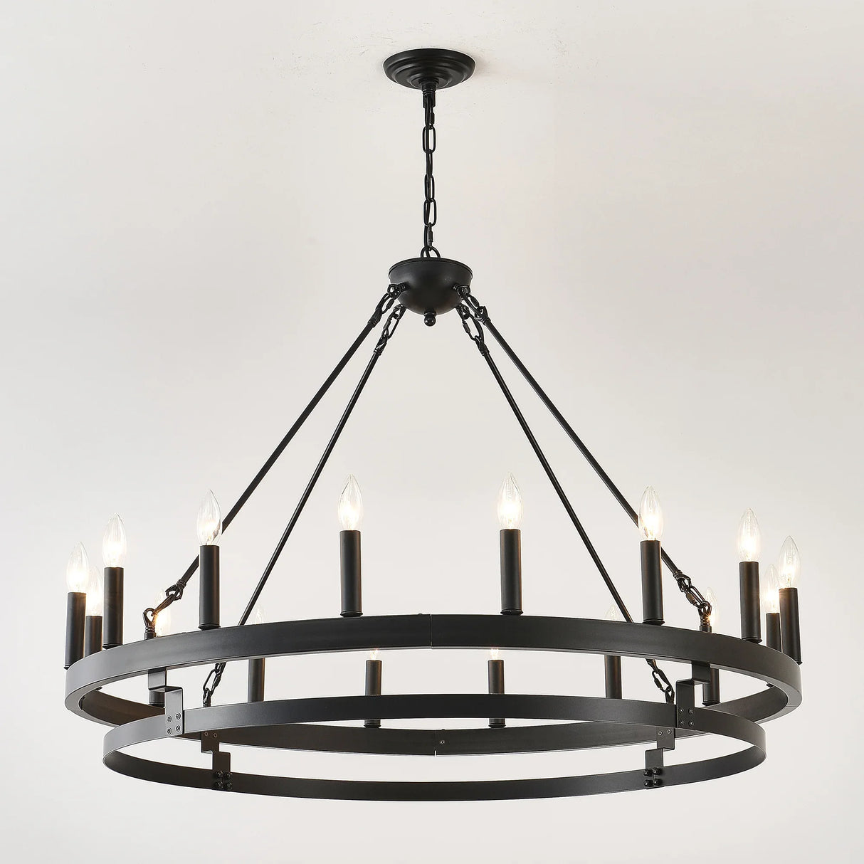39-Inch 16-Light Matte Black Wagon Wheel Chandelier - Omega Lifestyles