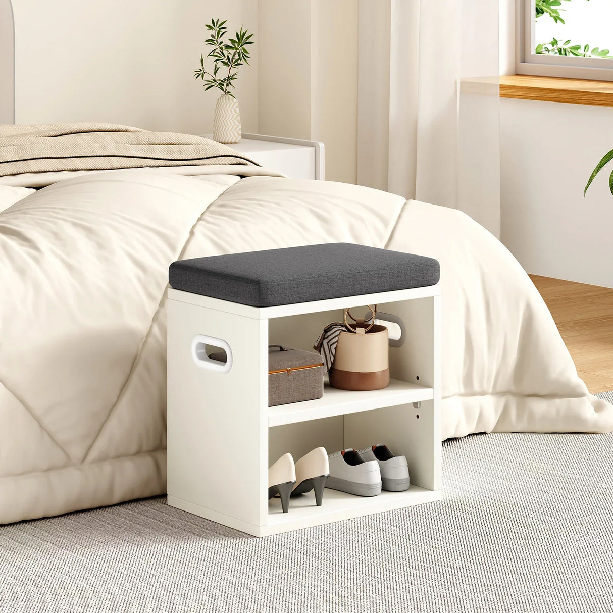 Wooden Shoe Storage Bench With Cushion Seating - Omega Lifestyles