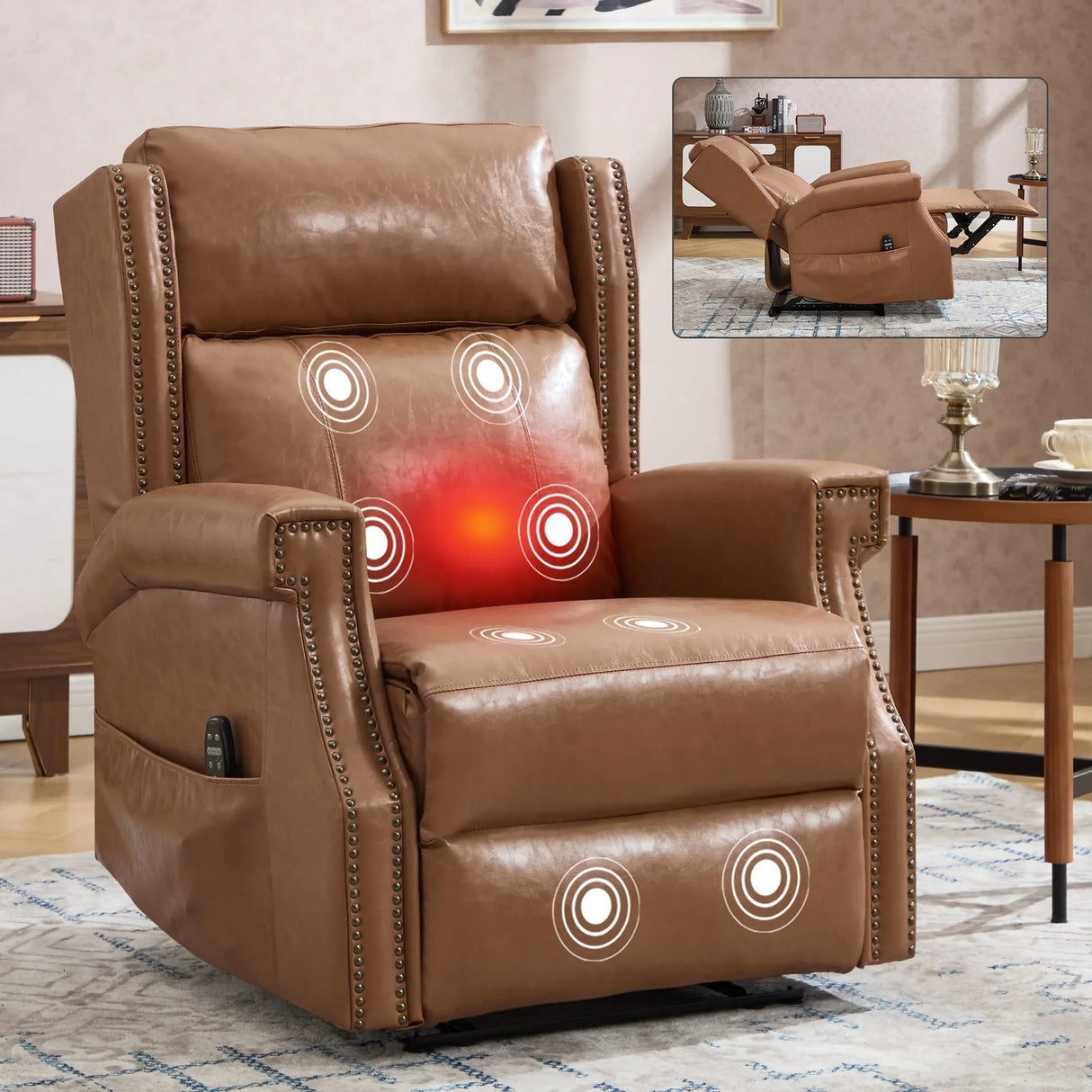 Camel Faux Leather Manual Recliner Chair With Massage Heat - Omega Lifestyles