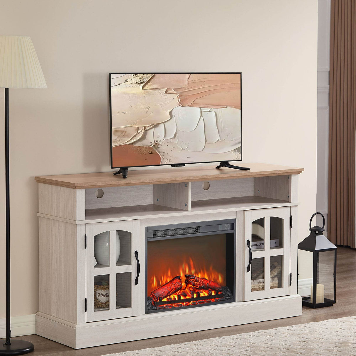 58-Inch Jasmine White Electric Fireplace TV Stand - Sleep Galleria
