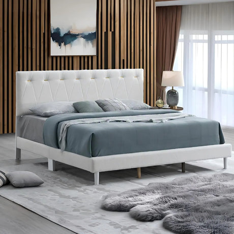 Full Platform Bed Wheat Polyester Fabric With Gold Inserts - Omega Lifestyles