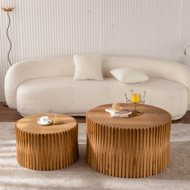 Vintage Style Natural Wood 2-Piece Round Coffee Table Set - Omega Lifestyles