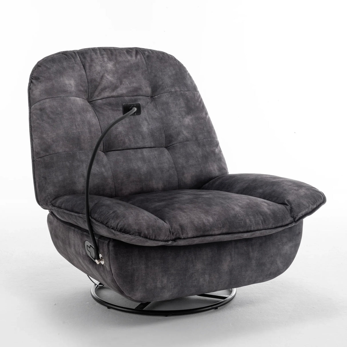 Modern Black Velvet Swivel Gliding Recliner Chair With Phone Holder - Omega Lifestyles
