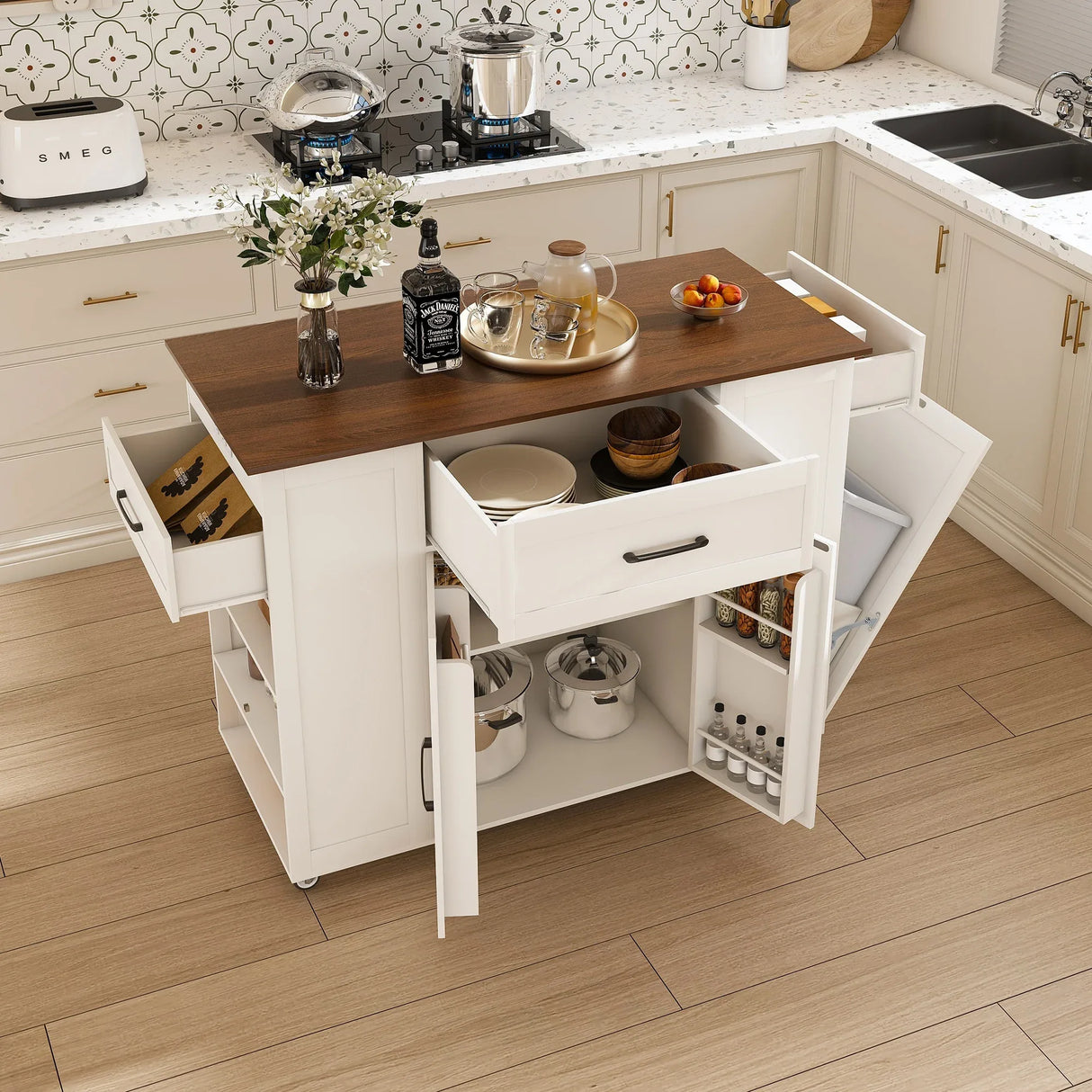 Rustic Mobile Kitchen Island With Storage And Power Outlet - Omega Lifestyles