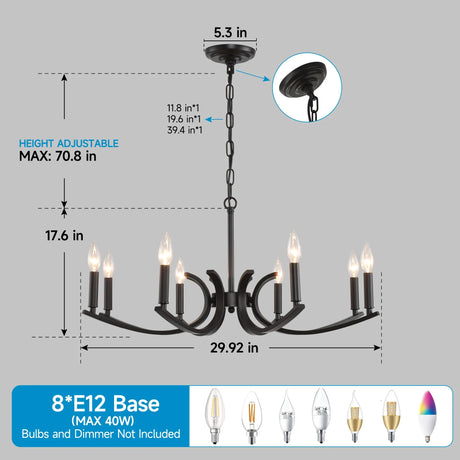 8-Light Matte Black Metal Farmhouse Chandelier Adjustable Height - Omega Lifestyles