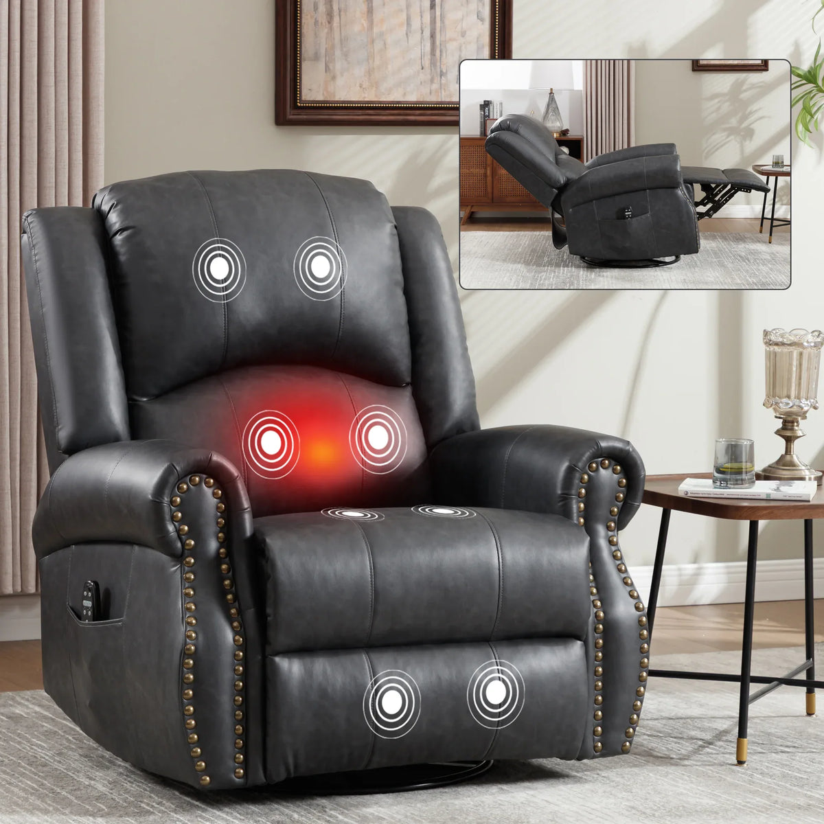 Heat Massage Faux Leather Swivel Rocking Recliner Chair - Omega Lifestyles