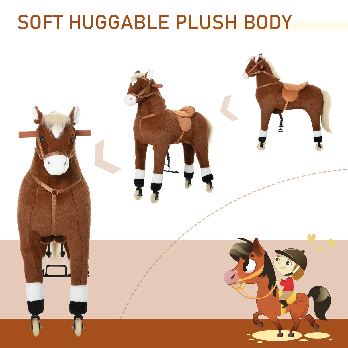 Plush Large Kids Ride-On Walking Horse With Wheels - Omega Lifestyles