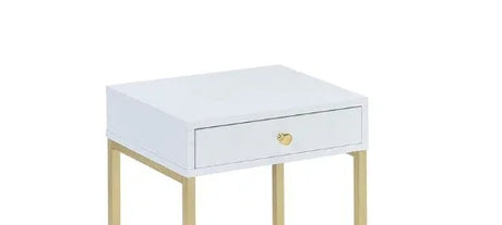 White Brass Finish Metal Accent Table With Drawer - Omega Lifestyles