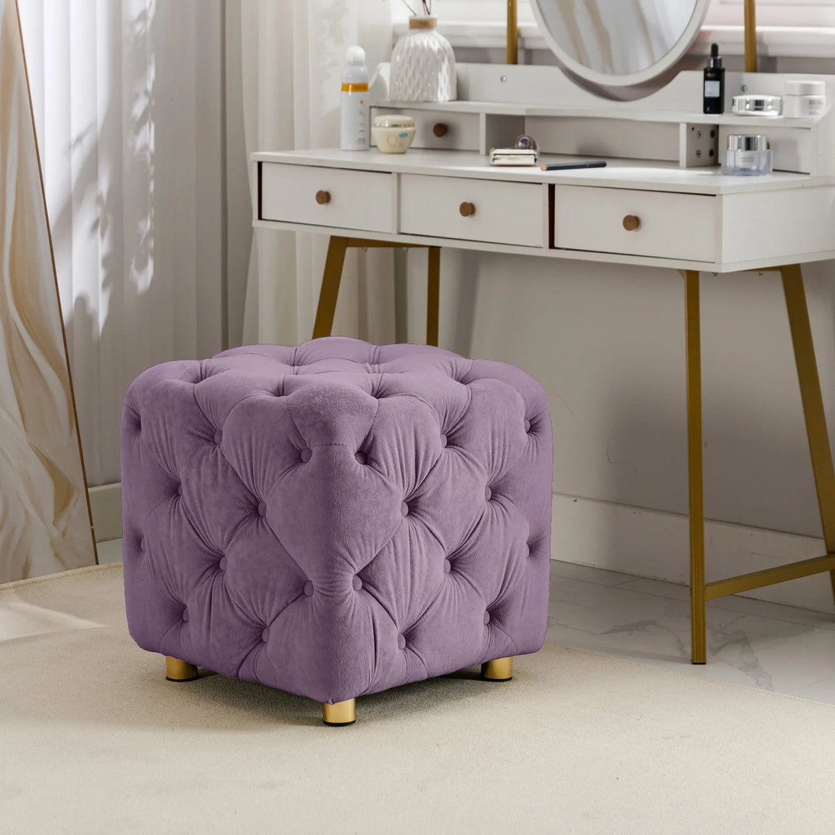 Purple Velvet Storage Ottoman Footstool With High-Density Foam - Omega Lifestyles