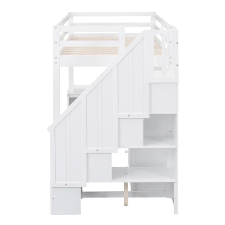 Twin Loft Bed With L-Shaped Desk Drawers Cabinet Staircase - Omega Lifestyles