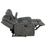 Grey Upholstered Manual Reclining Loveseat With Console - Omega Lifestyles