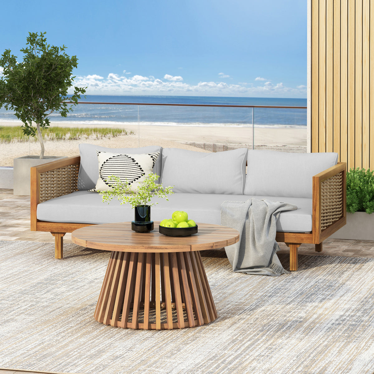 Outdoor Acacia Wood 3-Seater Daybed And Table Set