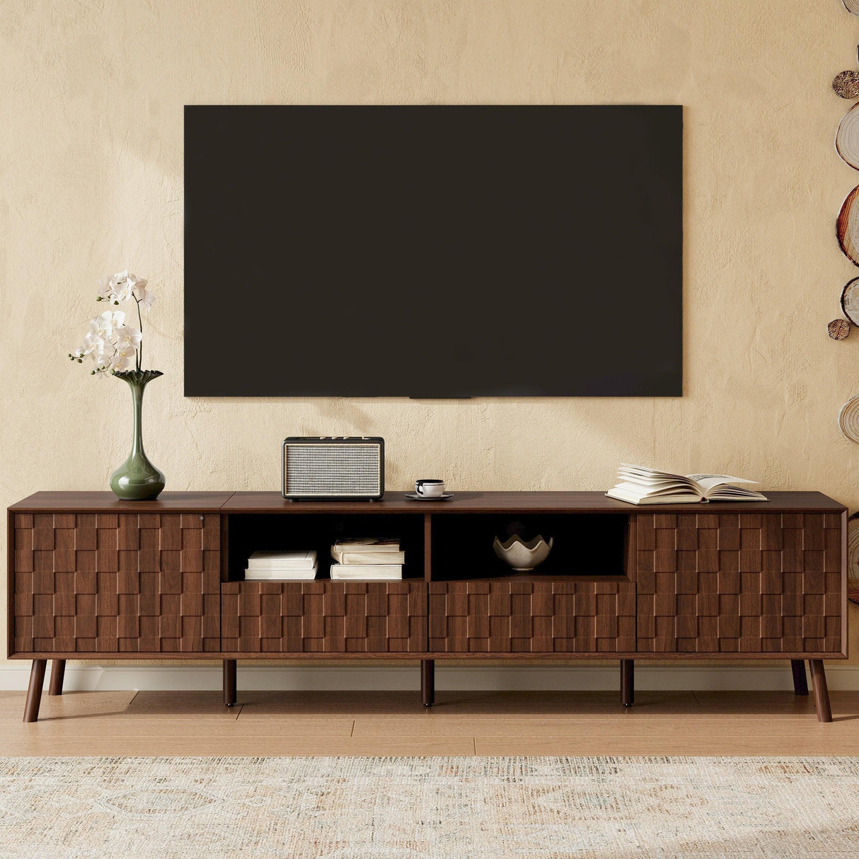 Modern Walnut 78-Inch TV Stand With Cable Management - Omega Lifestyles