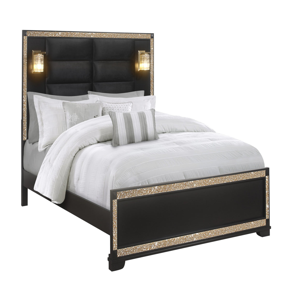 Queen Contemporary Black Wood 5-Piece Bedroom Set With Lighting
