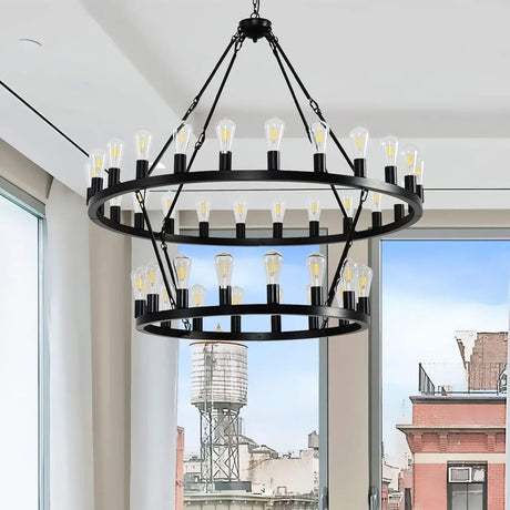 Farmhouse Matte Black 52-Inch Wagon Wheel Chandelier - Omega Lifestyles