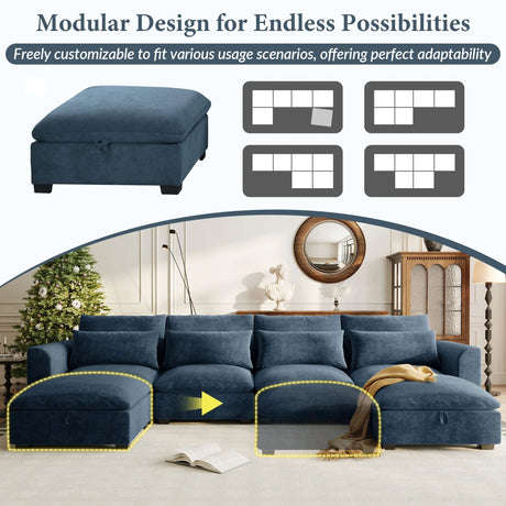 U-Shaped Modular Linen Blend Sofa With Ottomans - Omega Lifestyles