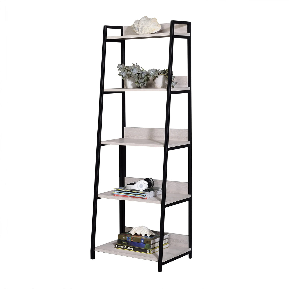 Leaning Ladder 5-Shelf Metal And Wood Bookshelf - Omega Lifestyles
