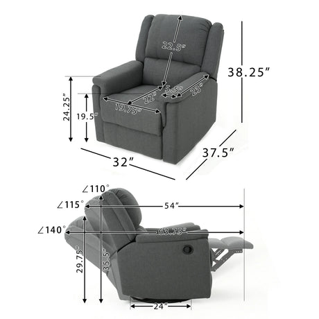 Charcoal Fabric Glider Recliner With Swivel And Manual Recline - Omega Lifestyles