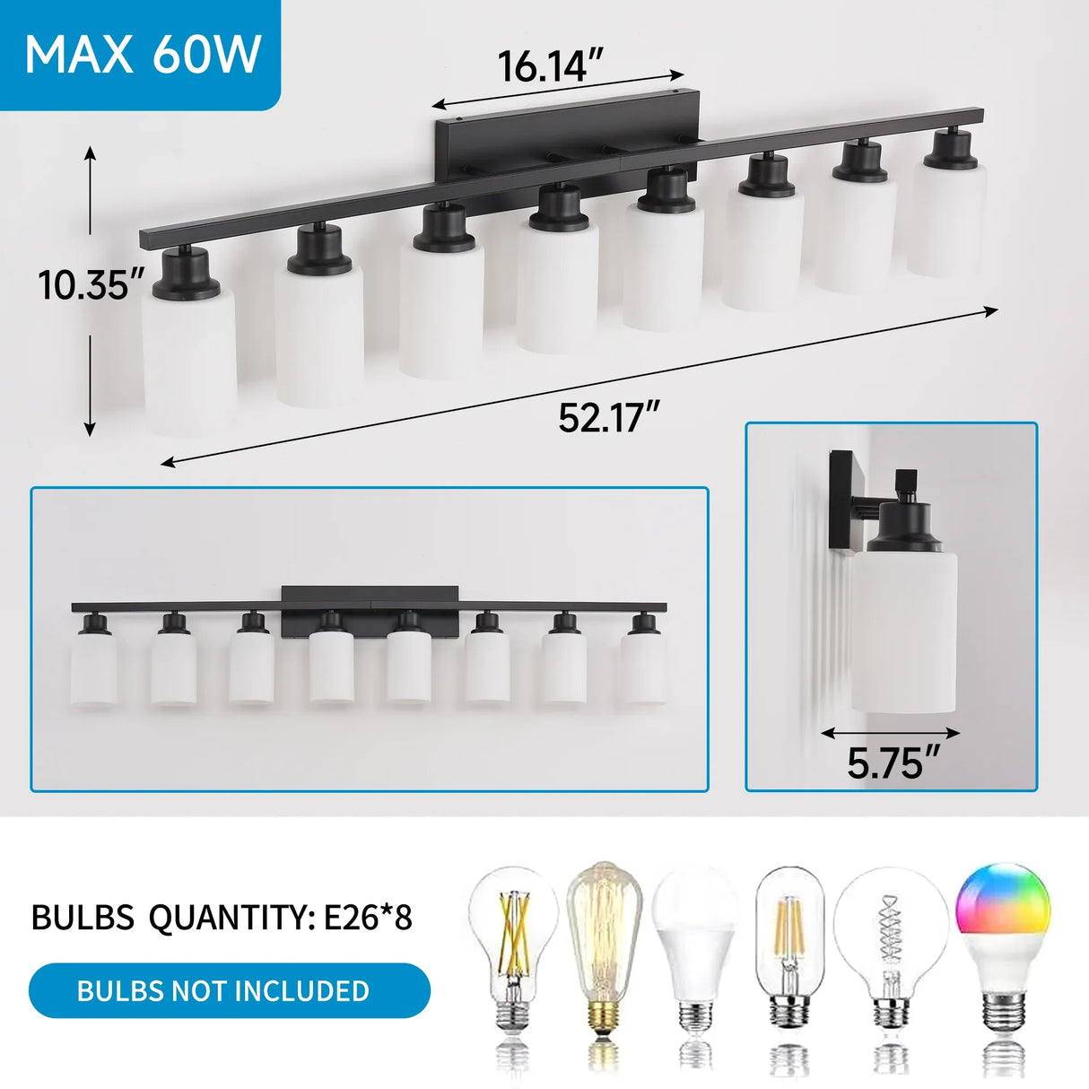 Modern Matte Black Glass 8-Light Wall Sconce Vanity Lamp - Omega Lifestyles