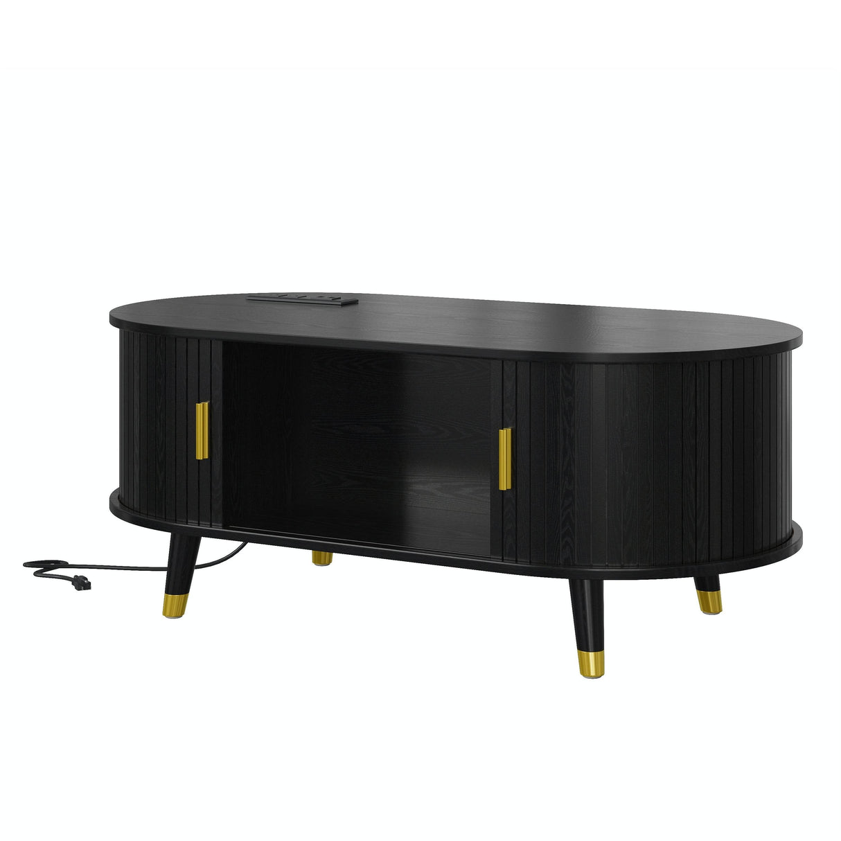 Mid-Century Modern Black Fluted Coffee Table With Charging Station - Sleep Galleria