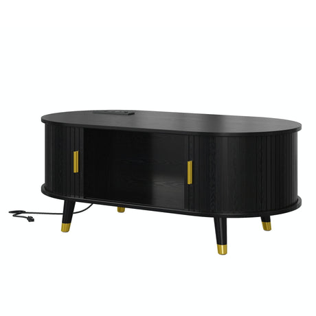 Mid-Century Modern Black Fluted Coffee Table With Charging Station - Sleep Galleria