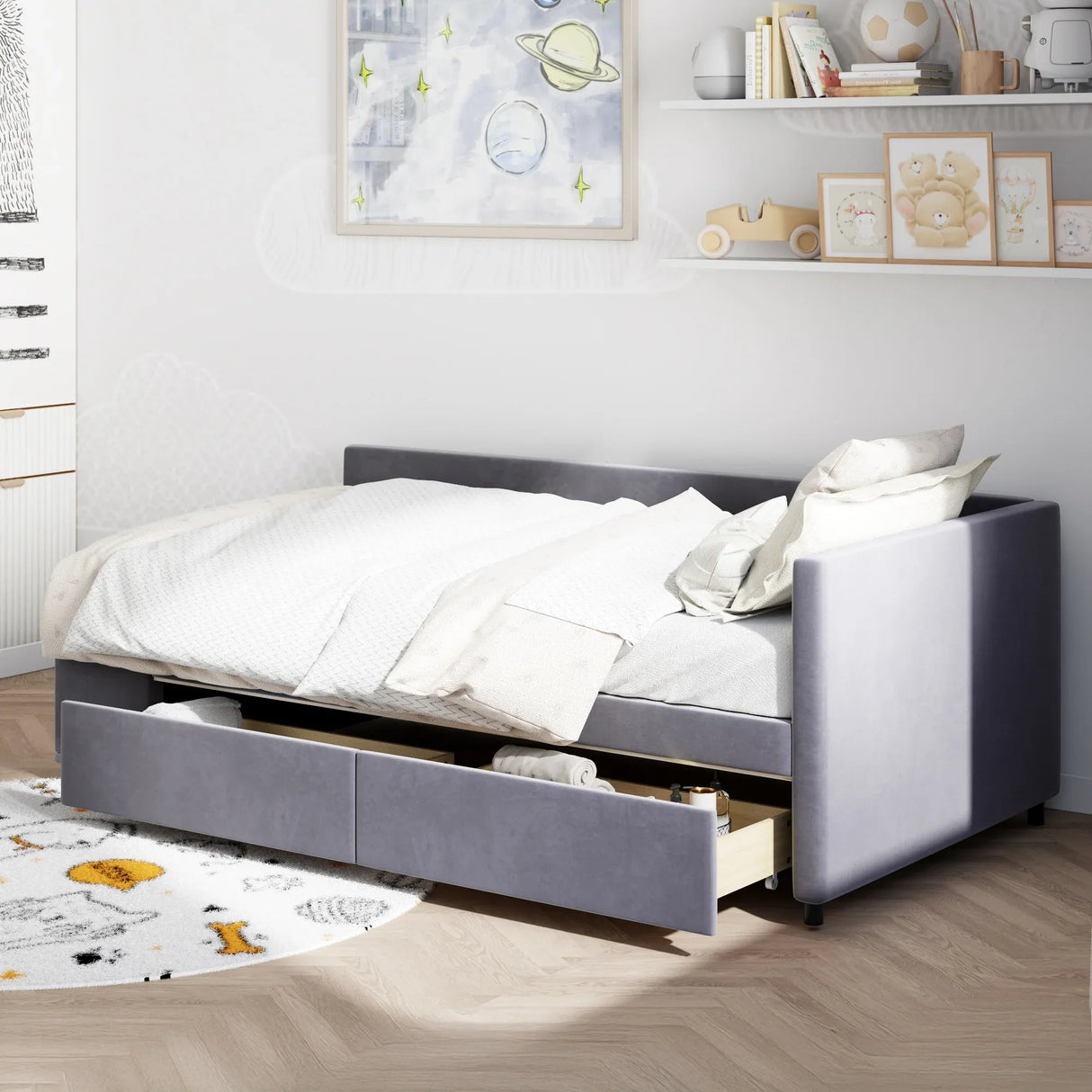 Twin Velvet Upholstered Platform Bed With Storage Drawers - Omega Lifestyles