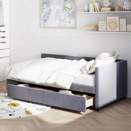 Twin Velvet Upholstered Platform Bed With Storage Drawers - Omega Lifestyles