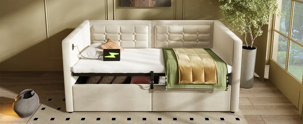 Twin Beige Velvet Upholstered Hydraulic Storage Bed Frame - Omega Lifestyles