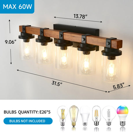 5-Light Matte Black Wood Glass Shade Wall Lamps - Omega Lifestyles