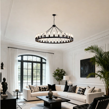 Matte Black Wagon Wheel 30-Light Metal Chandelier - Omega Lifestyles