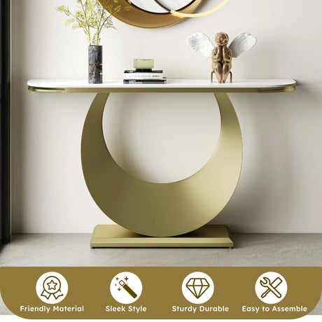 Half-Moon Faux Marble Top Gold Metal Console Table - Omega Lifestyles