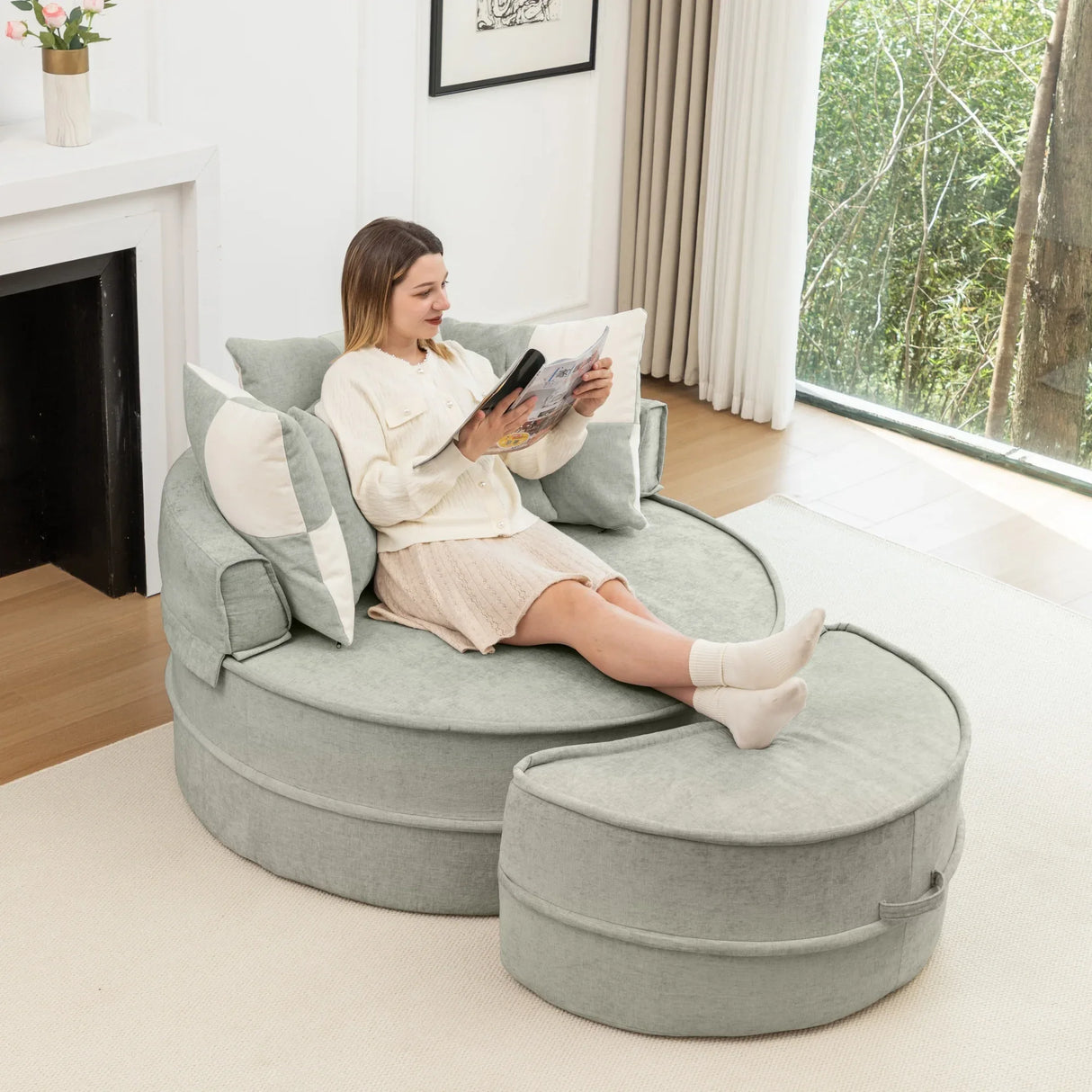 Modern Chenille Upholstered Barrel Accent Chair With Ottoman - Omega Lifestyles