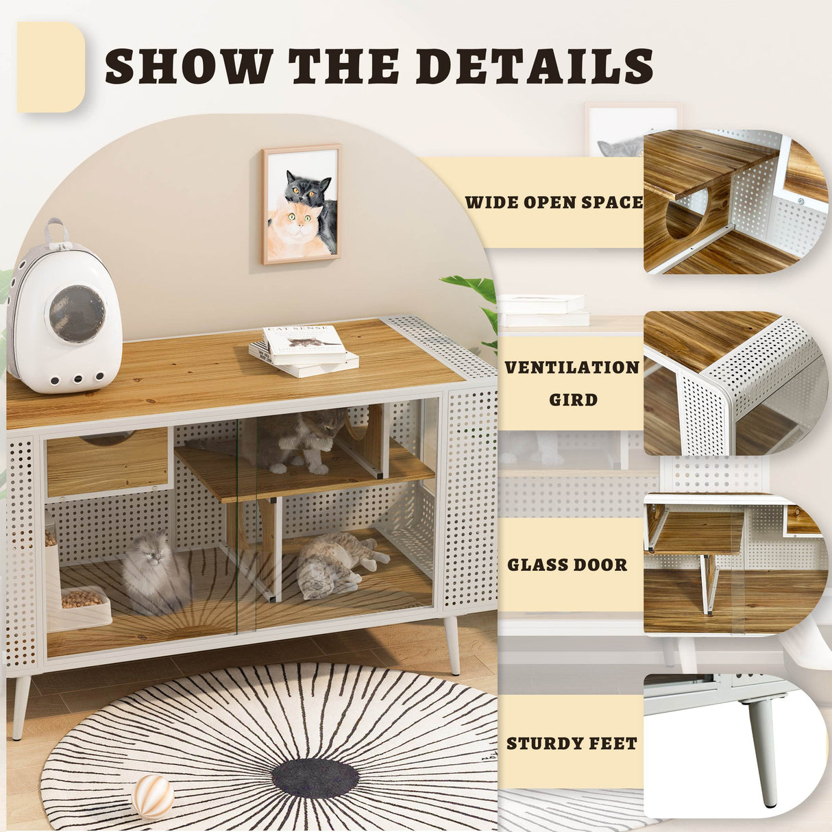 Spacious Fir Wood Iron Frame Tempered Glass Cat House - Sleep Galleria