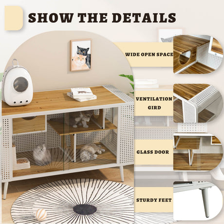 Spacious Fir Wood Iron Frame Tempered Glass Cat House - Sleep Galleria