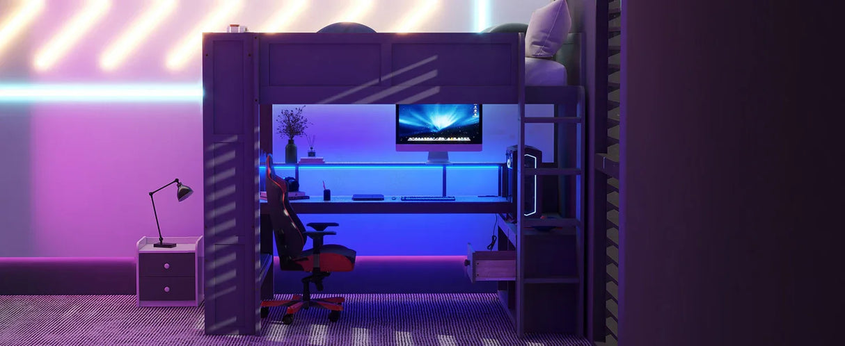Full Wood Gaming Loft Bed Frame With Desk LED Charging Station - Omega Lifestyles