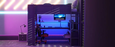 Full Wood Gaming Loft Bed Frame With Desk LED Charging Station - Omega Lifestyles