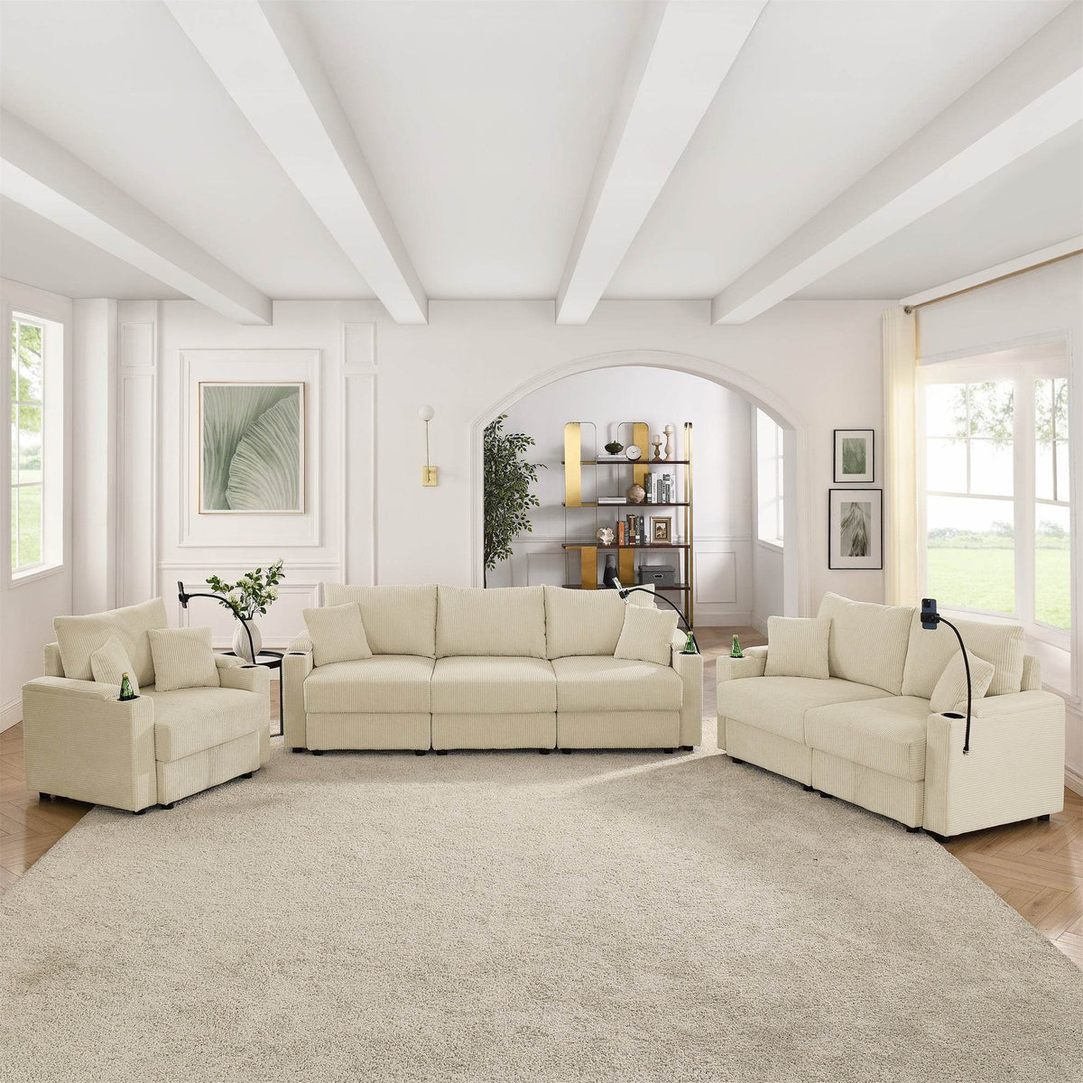 Modern Corduroy 7-Seat Armless Cushion Back Sofa Set - Omega Lifestyles