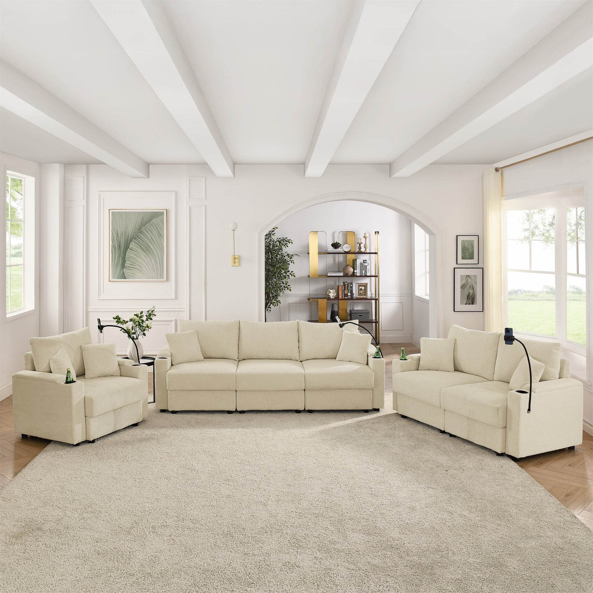 Modern Corduroy 7-Seat Armless Cushion Back Sofa Set - Omega Lifestyles