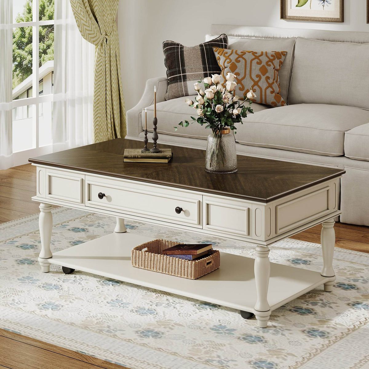 Mid-Century Farmhouse Coffee Table With Drawer Wheels - Sleep Galleria